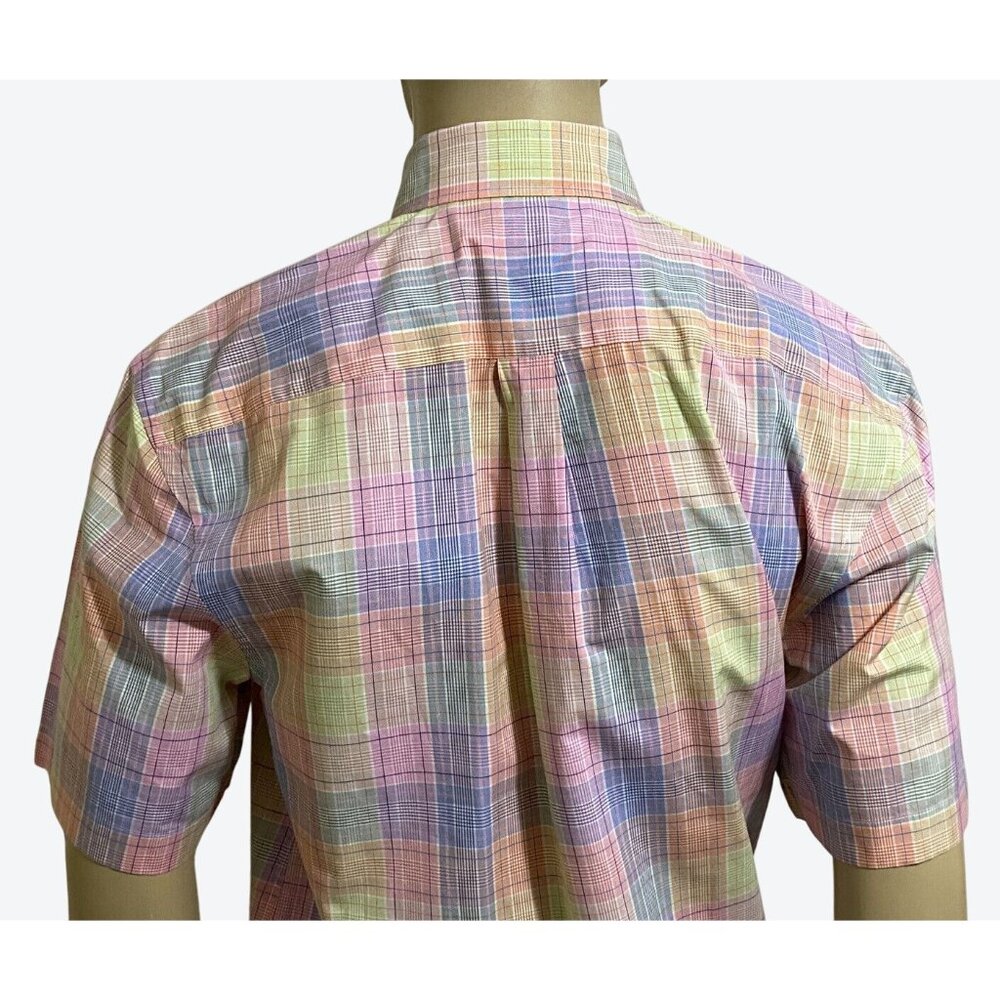 Peter Millar Men's Medium Short Sleeve Button Front Plaid Shirt Pink Yellow Blue - Picture 9 of 11